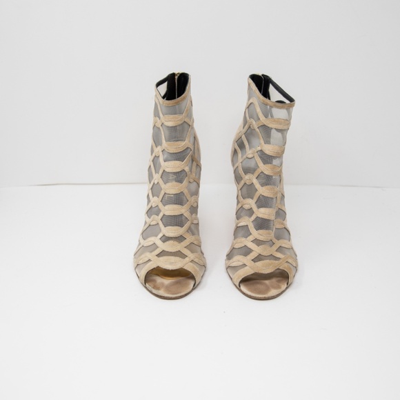 Chanel Genuine Suede Leather Mesh Sheer Cage Woven Peep Toe Ankle Booties Shoes - Picture 2 of 6